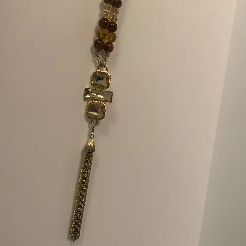 Long‎ Brown Gold Beaded Necklace with Tassels 24 Inches Long